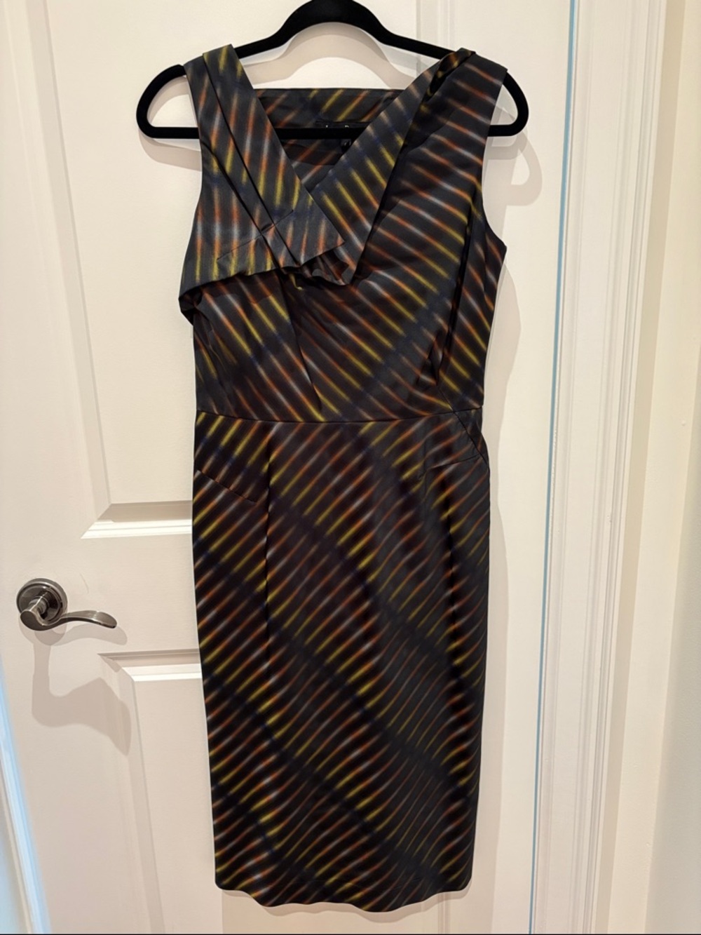 Lida Baday Sleeveless Midi Sheath Dress in Black with Yellow & Orange Stripes